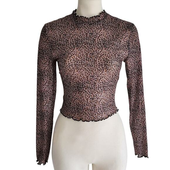 Y2K Mesh Top Cheetah Leopard Long Sleeve Lettuce Hem Whimsigoth S - Picture 1 of 13